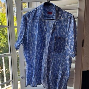 Isaia Blue and White Sailboat Print Shirt